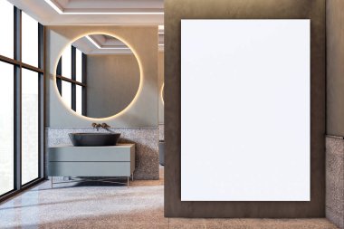 Yuvarlak ayna, lavabo dolabı ve duvarında boş dikey çerçeve olan modern lüks banyo iç dekorasyonu, poster modeli konsepti