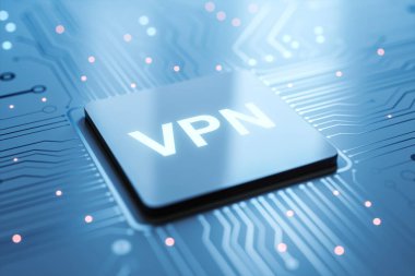 Dijital devre kartında VPN düğmesi mavi arka planda fütürist siber tarzda parlayan ışıklar. Sanal mahremiyet ve güvenli ağ kavramı. 3B Hazırlama