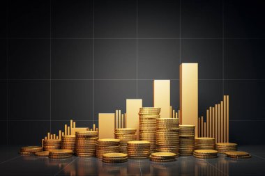 Altın para yığınları ve yükselen bar grafiği finansal büyümeyi ve başarıyı, lüks karanlık arka planı, yatırım ve ekonomi kavramını simgeliyor. 3B Hazırlama