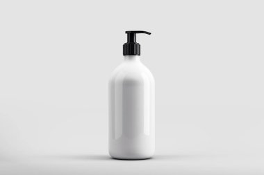 Siyah kapaklı beyaz pompa modeli, temiz modern tarzda, açık gri arka planda izole edilmiş. Kozmetik markalaşma kavramının 3 boyutlu yorumlanması