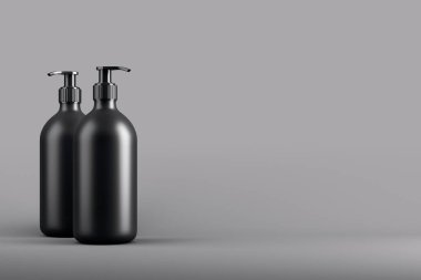 İki siyah pompa şişesi, temiz minimalist tarzda koyu renk bir arka plana yerleştirilmiş, markalaşma ya da ürün tasarımı konsepti. 3B Hazırlama