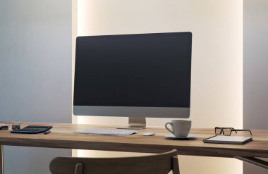 Masaüstü bilgisayarı, temiz ahşap masa üzerinde, aksesuarlı, modern ofis içinde, ışık duvarı arka planında. 3B Hazırlama