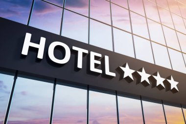 Modern bina cephesinde beş yıldızlı otel tabelasının kapatılması, yansıtıcı cam arka plan, gün batımı ışığı, lüks servis konsepti, 3D canlandırma