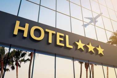 Modern bina cephesinde beş altın yıldızlı otel tabelasının kapatılması, yansıtıcı cam arka plan, gün batımı ışığı, lüks servis konsepti, 3D canlandırma