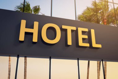 Modern bina cephesinde beş altın yıldızlı otel tabelasının kapatılması, yansıtıcı cam arka plan, gün batımı ışığı, lüks servis konsepti, 3D canlandırma