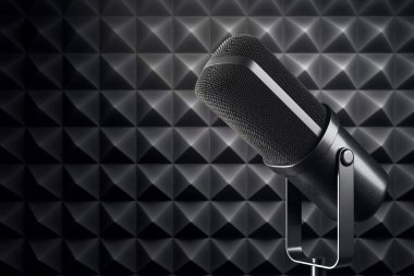 Modern siyah mikrofonun ağ dokusuna yakın çekim ve iş dünyasının ses teknolojisi kavramı. 3B Hazırlama