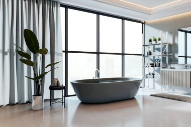 Serbest banyo küveti, modern dekor ve lüks tasarım konseptiyle şehir manzarasını gösteren büyük pencereleri olan zarif bir banyo. 3B Hazırlama