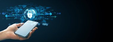 Parlak asma kilitli akıllı telefon, dijital dünya haritası arka planı, mobil veri koruması ve güvenlik kavramının ışık efektleri