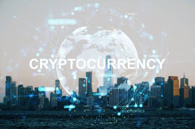 Kripto para birimi metin örtülü şehir silueti, nötr arkaplan üzerinde soyut ışık ağı grafikleri, dijital finans ekonomisi kavramı