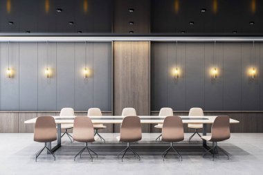 Bej sandalyeli modern konferans odası, asılı ışıklar, karanlık duvar panelleri ve beton zemin, zarif minimalist tasarım, 3D görüntüleme