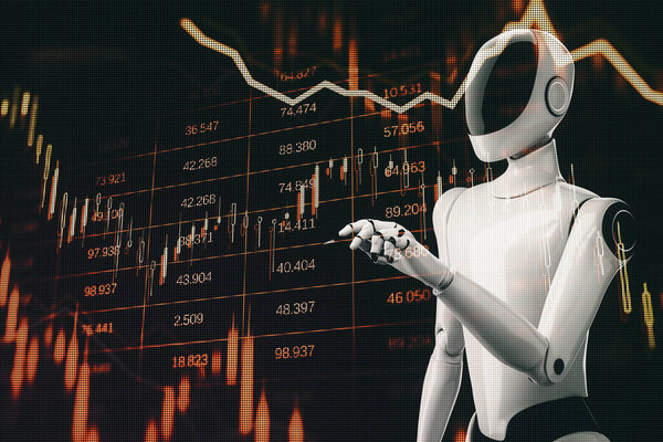 Cyborg robot in front of digital stock market chart with red downward arrows on dark background, concept of financial crisis and automation. 3D Rendering