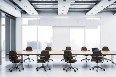 Boş modern konferans odası büyük ahşap masa, kahverengi sandalyeler, şehir manzarası arka planı, cam pencereler, ve şık ışık tasarımı, 3D