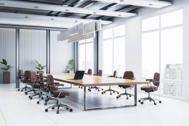 Geniş, parlak ofis konferans odası büyük ahşap masa, kahverengi sandalyeler, dizüstü bilgisayarlar, modern şirket tasarımı, şehir manzarası, 3D görüntüleme