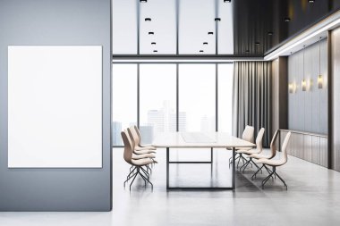Gri duvarında boş dikey posteri olan çağdaş ofis konferans odası, minimalist 3D tasarım tarzı, şehir manzarası arka planı, iş konsepti