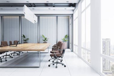 Modern boş toplantı odası içi büyük ahşap masa, kahverengi sandalyeler, minimalist tasarım, beyaz parlak arkaplan, 3D canlandırma konsepti