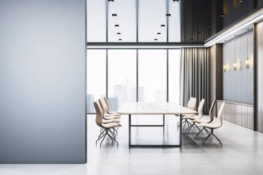 Minimalist konferans odası içi hafif ahşap mobilyalar, modern tasarım tarzı, parlak şehir manzarası arka planı, yaratıcı çalışma alanı konsepti, 3D oluşturma