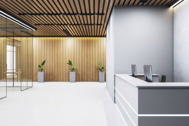 Minimalist ofis resepsiyonları ahşap duvar panelleri, bilgisayarlı modern masa, cam bölmeler ve temiz beyaz zemin. 3B Hazırlama
