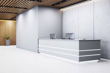 Gösterişli modern resepsiyonda iki bilgisayar, minimal tasarım tarzı, parlak geniş ofis geçmişi, profesyonel çalışma alanı kavramı. 3B Hazırlama
