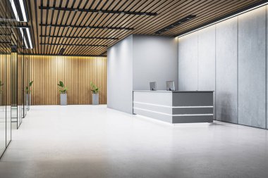 Minimalist masası olan modern şirket resepsiyonu, ahşap paneller, beton duvarlar, cam bölmeler, boş beyaz zemin, 3D görüntüleme