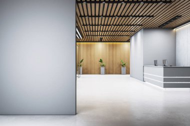 Ofisin içinde içi boş gri bir duvar, resepsiyon masası, ahşap tavan, beton zemin, saksı bitkileri, temiz modern tasarım. 3B Hazırlama