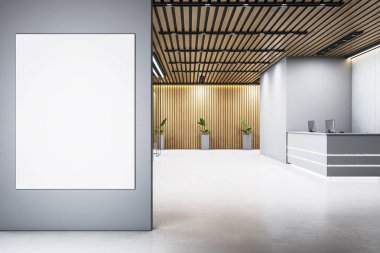 Gri duvardaki boş dikey poster çerçevesi modern işletme bürosu resepsiyonunda beton zemin, ahşap panel duvarlar ve tavan ışıkları, 3D rendeleme