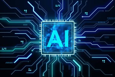 Parlak yapay zeka, makine öğrenme ve teknoloji kavramına sahip koyu arkaplanlı neon mavi devreli yapay zeka.