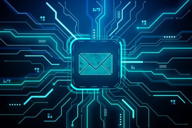 Elektronik mesajlaşmayı ve dijital iletişimi sembolize eden, karanlık arkaplanda neon devre çizgileri olan e-posta zarfı simgesi. 3B Hazırlama