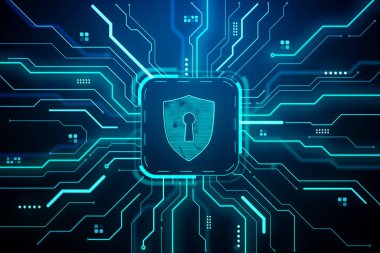 Fütürist devre deseninin merkezinde anahtar deliği ikonu olan parlak bir kalkan, koyu arkaplanda neon mavi ışıklar. Siber güvenlik ve mahremiyet kavramı. 3B Hazırlama