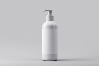 Gri arka planda temiz bir şekilde gösterilmiş beyaz pompa şişesi markalaşma, ürün tasarımı veya etiket sunumu için idealdir. 3B Hazırlama