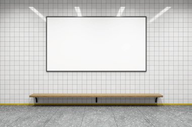 Ahşap bankın üstündeki duvarda siyah çerçeveli boş ilan panosu, modern metro koridoru arka planı, temiz minimal reklam konsepti, 3 boyutlu oluşturma