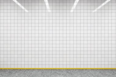 Terrazzo döşemeleri olan bir metro istasyonunda tavan lambalarıyla aydınlatılan temiz, beyaz fayanslı bir arka plan. Marka konsepti. 3B Hazırlama