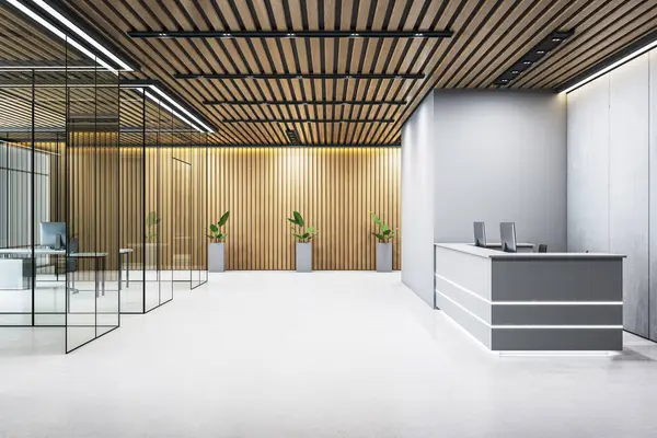 Ahşap duvarları, cam bölümleri, gri masası, minimalist bitkileri, parlak arka planı, 3D görüntülemesi olan modern şirket bürosu resepsiyonu.