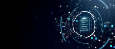 Soyut dijital arkaplan, fütürist bir ağ arayüzü içinde koyu bir arkaplanda mavi tonda parlayan bir kontrol listesi simgesini gösteriyor. 3B Hazırlama