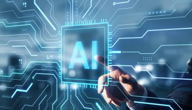 İşadamı, yapay zekayı ve dijital yeniliği temsil eden fütüristik devre arka planında aydınlatılmış yapay zeka sembolüne dokunuyor.