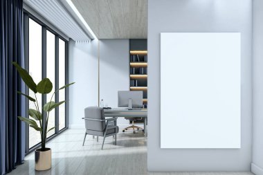 Boş dikey poster modeli ofis içi temiz, masa ve bitki içerikli aydınlık duvarda, kopyalanmış modern tasarım konsepti. 3B Hazırlama