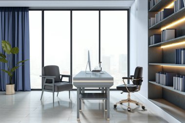 Parlak mobilyaları, geniş pencereleri ve şehir planında ışıklandırılmış kitaplığı olan çağdaş ofis içi. Çalışma alanı kavramı. 3B Hazırlama