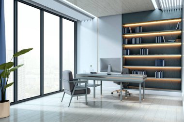 Aydınlık ahşap döşemeleri, modern masa düzeneği, geniş pencereleri ve aydınlık bir iş ortamında aydınlatılmış kitaplığı olan çağdaş ofis. 3B Hazırlama