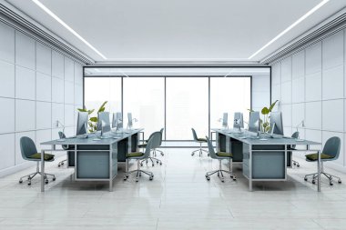 Ergonomik sandalyeleri, masaları ve monitörleri olan çağdaş ofis çalışma alanı geniş pencereli ve şehir arka planlı parlak minimalist bir odada. 3B Hazırlama