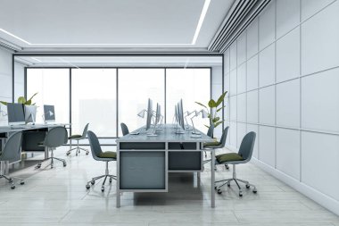 Çağdaş açık ofis mobilyaları, parlak ışıklandırma ve cam pencerelerden şehrin arka planına sahip. Modern çalışma alanı kavramı. 3B Hazırlama