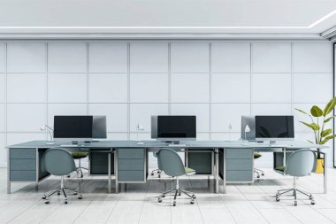 Modern mobilyalar, ergonomik sandalyeler, büyük monitörler ve minimum ışık soyut arka planda hafif ışıklandırmayla çağdaş ofis kurulumu. 3B Hazırlama