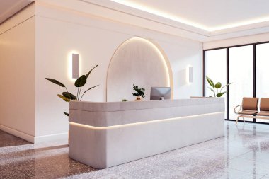 Modern ofis arka planında yumuşak ışıklandırma, kapalı kapılar ve kemerli duvar tasarımı olan çağdaş kabul masası. 3B Hazırlama