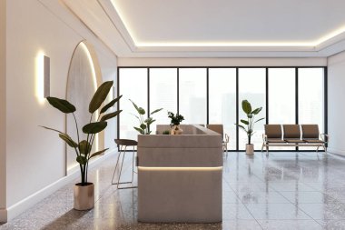 Geniş pencereli çağdaş klinik resepsiyonu, modern iç tasarımı, şık tezgah masası ve kapalı alan bitkileri. 3B Hazırlama