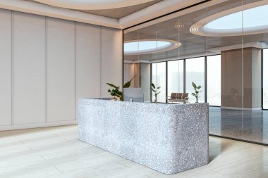 Terrazzo tezgahı olan çağdaş boş resepsiyon masası, modern iç tasarım, doğal ışık, cam duvar arka planı. 3B Hazırlama
