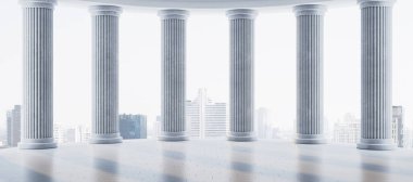 Yüksek bir terasta klasik mermer sütunlar, arka planda modern şehir binaları, parlak ışık, zamansız mimari konsepti, 3D görüntüleme