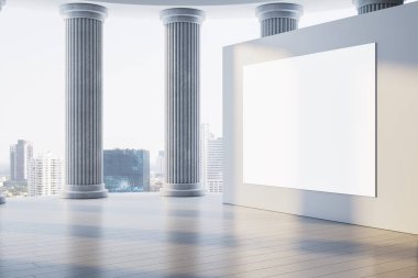Modern salonda klasik sütunları olan boş ilan panosu modeli, minimalist 3D oluşturma, şehir manzarası arka planı, markalaşma alanı kavramı