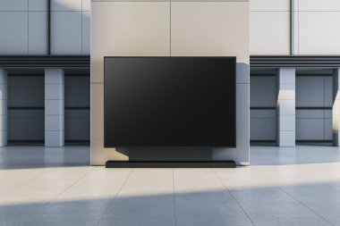 Modern binanın içinde, yumuşak ışık, temiz fayanslar ve markalaştırmak için minimalist duvarları olan büyük boş dijital görüntü modeli. 3B Hazırlama