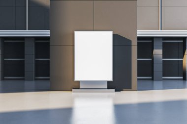 Modern temiz mimari ortamda boş reklam panosu tasarımı modeli, markalaşma veya reklam konsepti için boş telif alanı arkaplanı sergileniyor. 3B Hazırlama