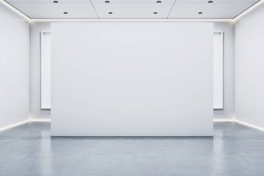 Beton zemin ve tavan lambaları olan modern temiz sergi odasında boş beyaz duvar modeli, damgalama, poster ya da işaret şablonu konsepti. 3B Hazırlama