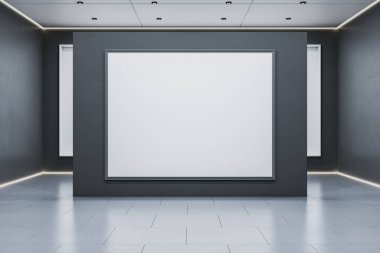 Döşeme ve tavan lambalarıyla süslü koyu gri galeri odasında boş bir çerçeve, markalaşma ya da yaratıcı tasarım için ideal bir şablon. 3B Hazırlama