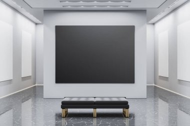 Galeri duvarında büyük siyah tuval modeli, mermer zemin ve bank ile modern temiz tasarım, markalaşma ve sanat eserleri için boş alan. 3B Hazırlama